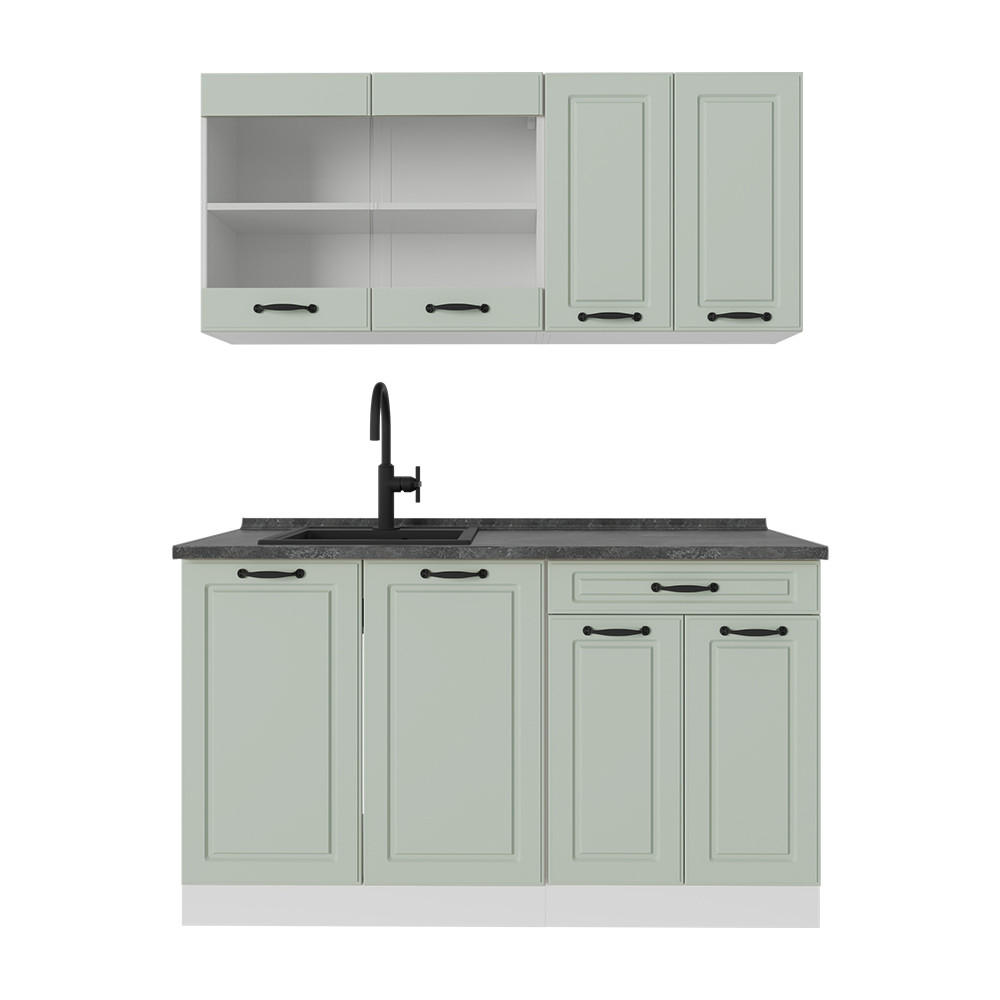 SINGLEKÜCHE R-Line, Mint Landhaus/Weiß, 140 cm Arbeitsplatte Anthrazit - Weiß/Grün, Holzwerkstoff (140/81.6/60cm) - Vicco