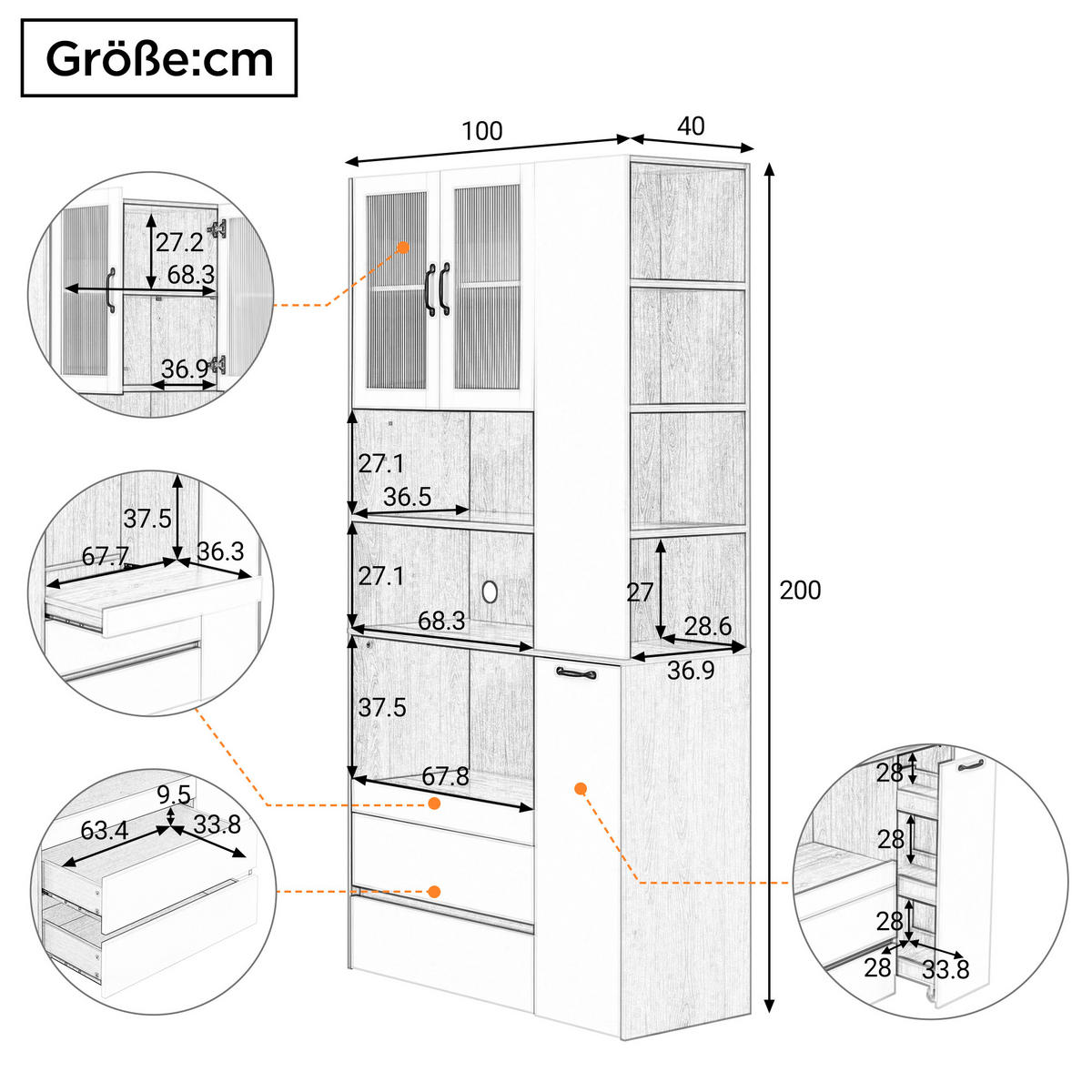 BUFFETSCHRANK Riffelglas Weiß-Nussbaumfarben 100/40/200 cm - Weiß, Holz (100/200/40cm) - PANGIVO