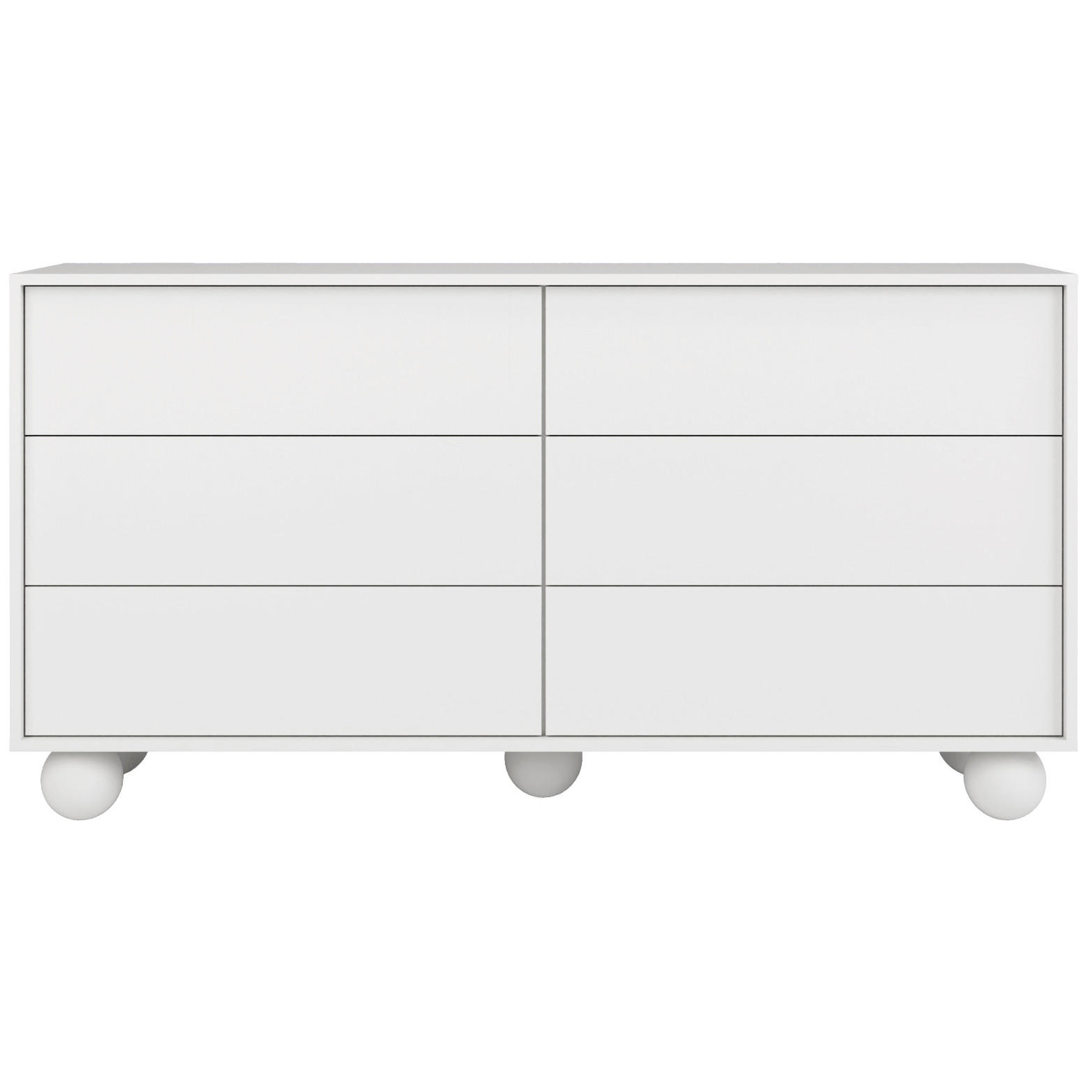 Beautysofa KOMODA Adel se 6 zásuvkami a kulatými nožkami, 154 cm, bezúchytková, bílá