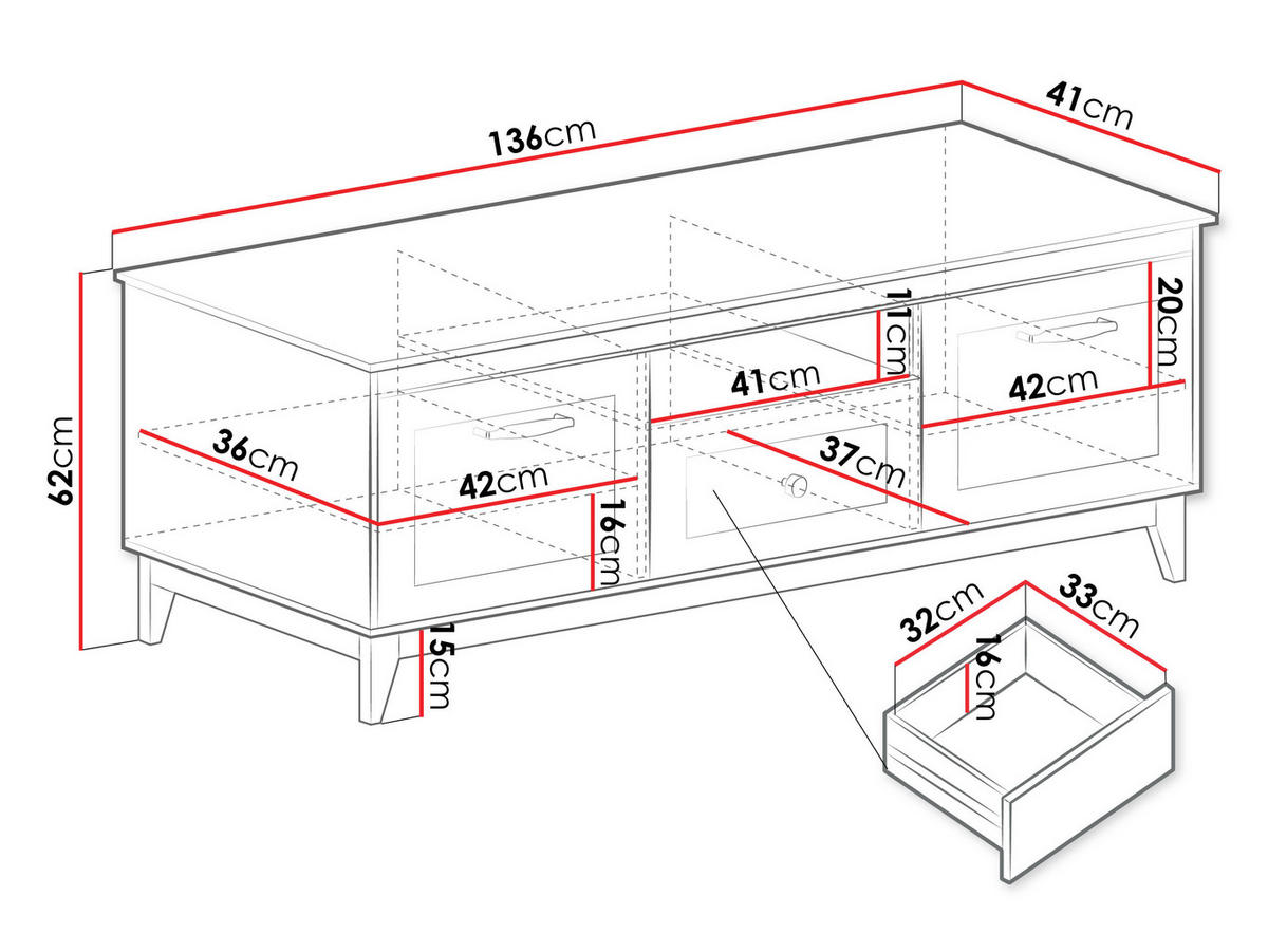 TV-LOWBOARD Windsor W-08 - Kaschmir/Eichefarben, Holz/Holzwerkstoff (136/62/41cm) - MIRJAN24