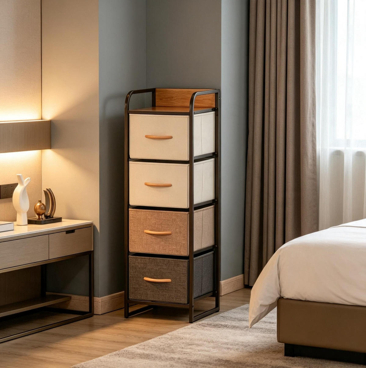 KOMMODE in Beige und Braun 31x29x99 cm mit 4 Stoffschubladen - Beige, Holzwerkstoff (29/99/31cm) - IVMEU