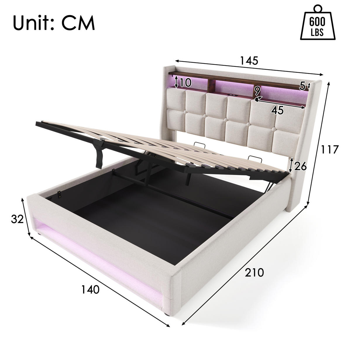 BETT mit Stauraum und USB 140x200 cm Leinen Beige - Beige, Metall (140/200cm) - Meubliv