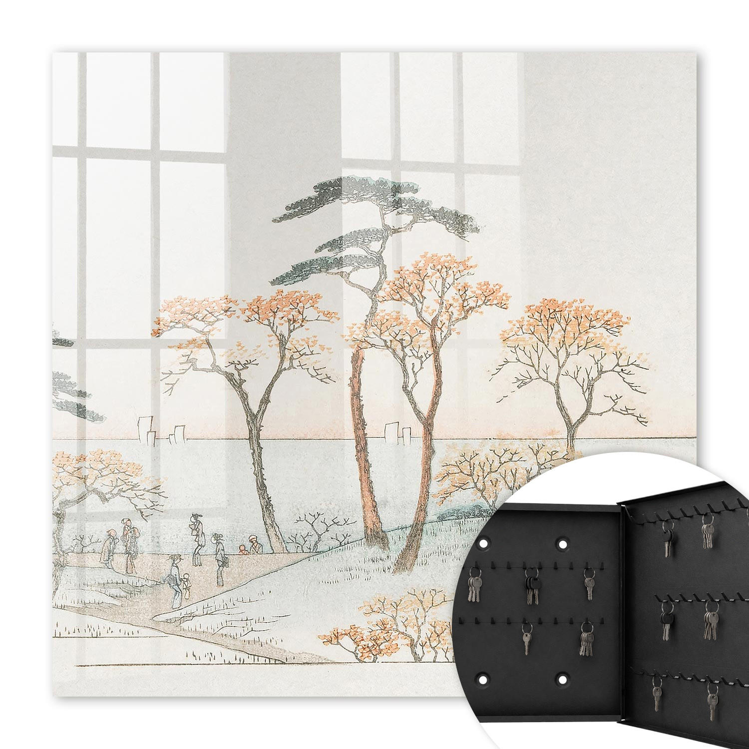 SCHLÜSSELBOX Schwarz 30x30 cm- Türöffnung nach rechts - Japanische Landschaft - Beige, Metall (30/30/5cm) - TULUP