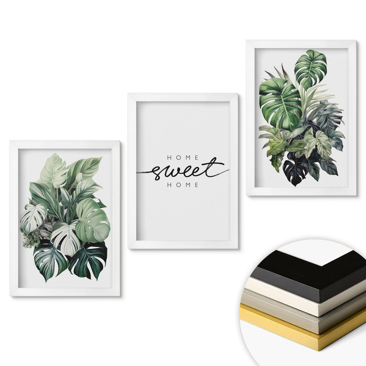WANDBILDER 3er-Set - 20x30 cm Weißer Rahmen - Pflanzen mit der Aufschrift „Sweet Home“ - Weiß, Kunststoff (20/30cm) - ArtPrintCave