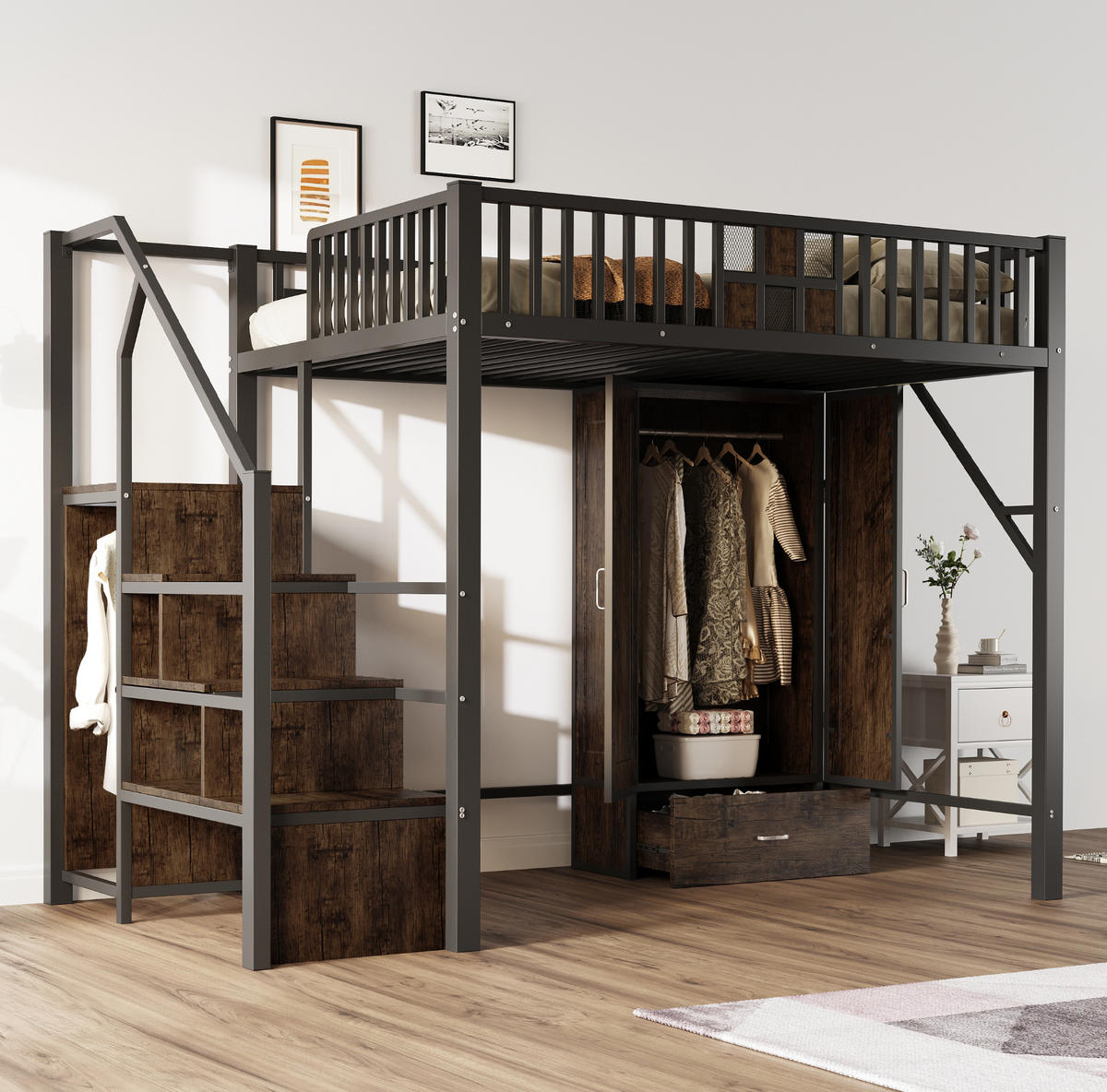 HOCHBETT 140/200 cm Schwarz mit großem Kleiderschrank und Schubladen mit Matratze - Schwarz, Metall (140/200cm) - OKWISH