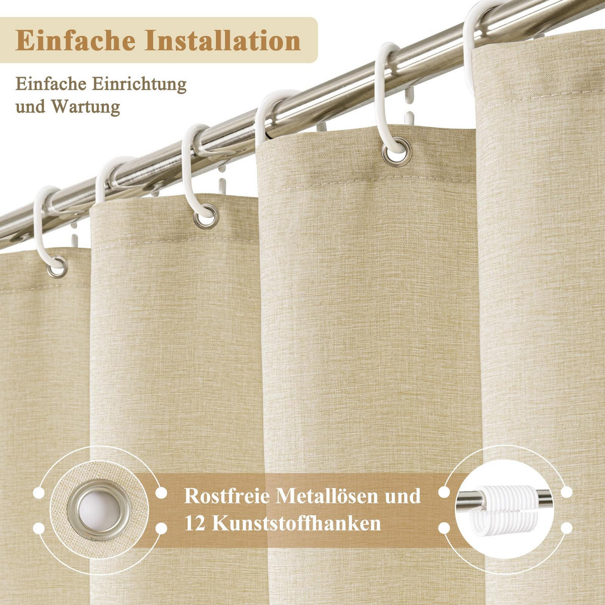 DUSCHVORHANG Leinen Wasserdicht Beige 180/180 cm - Beige, Textil (180/180cm) - Kaket