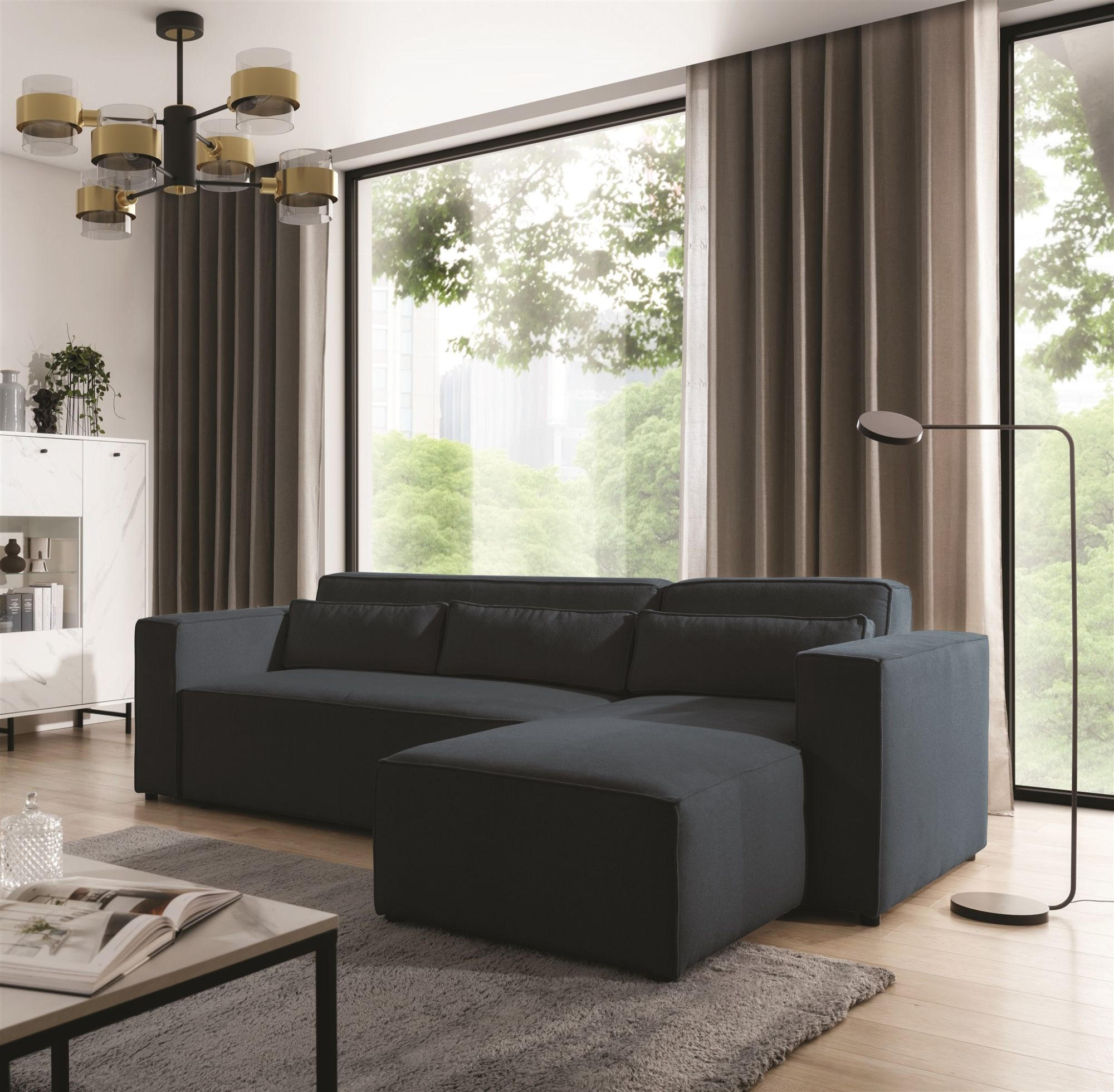 ECKSOFA Schlafsofa Waldo In Stoff Poso - Dunkelblau, Holzwerkstoff/Textil (260/173cm) - Fun Möbel