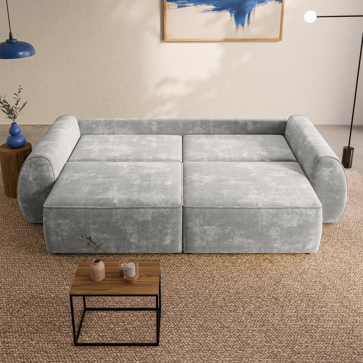 BETTSOFA ZEFEO Hellgrau Chenille-Stoff mit Schlaffunktion - Hellgrau, Textil (264/96/106cm) - MASSENO