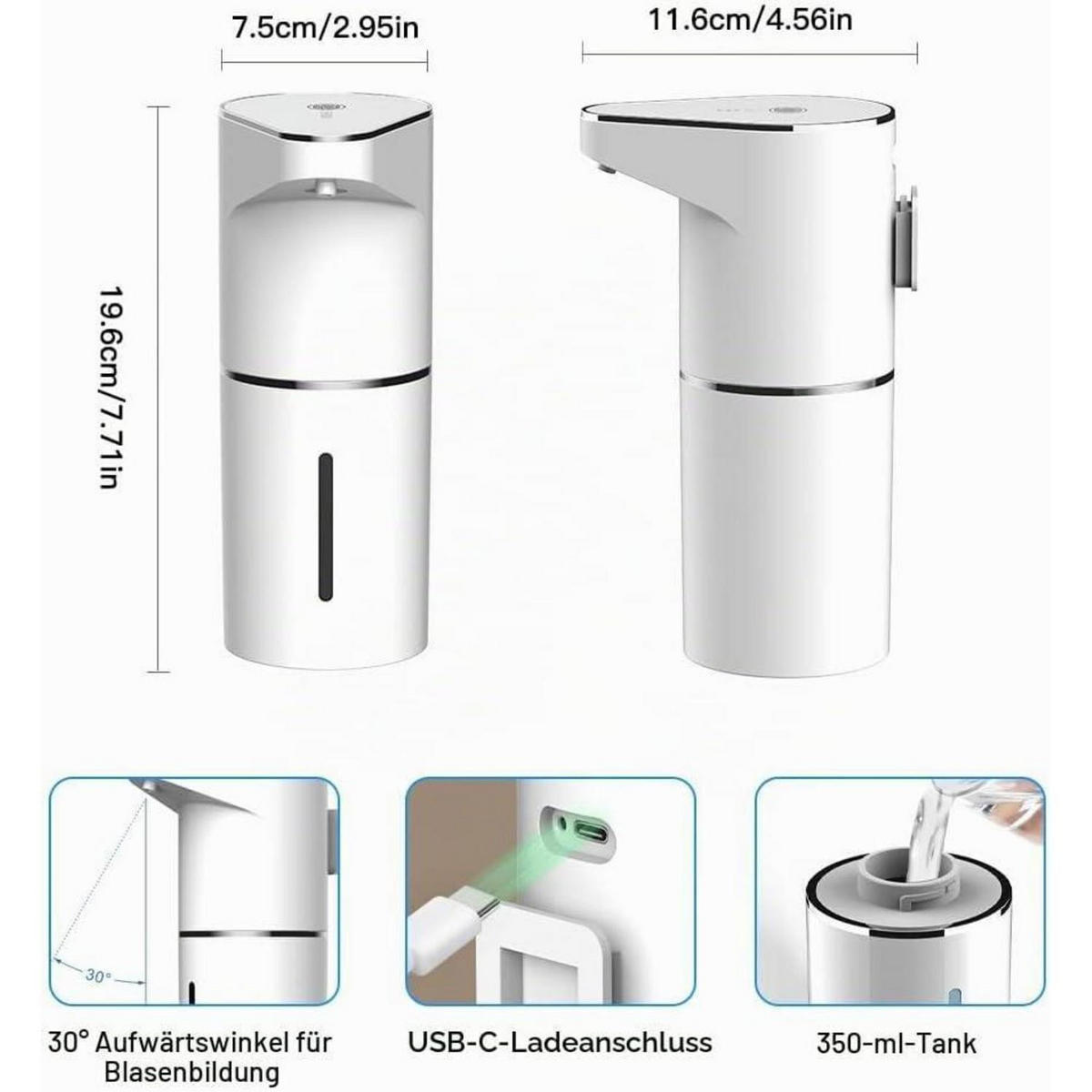 SEIFENSPENDER Automatisch Weiß USB Wiederaufladbar 350ml - Weiß, Kunststoff (11.6/7.5/19.6cm)