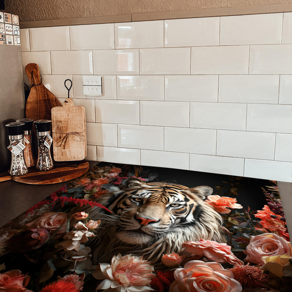 HERDABDECKPLATTE Tiger - Tier - Natur - Floral - Botanisch Induktionsmatte 78x78 cm - Orange, Kunststoff (78/78/0.2cm) - MuchoWow