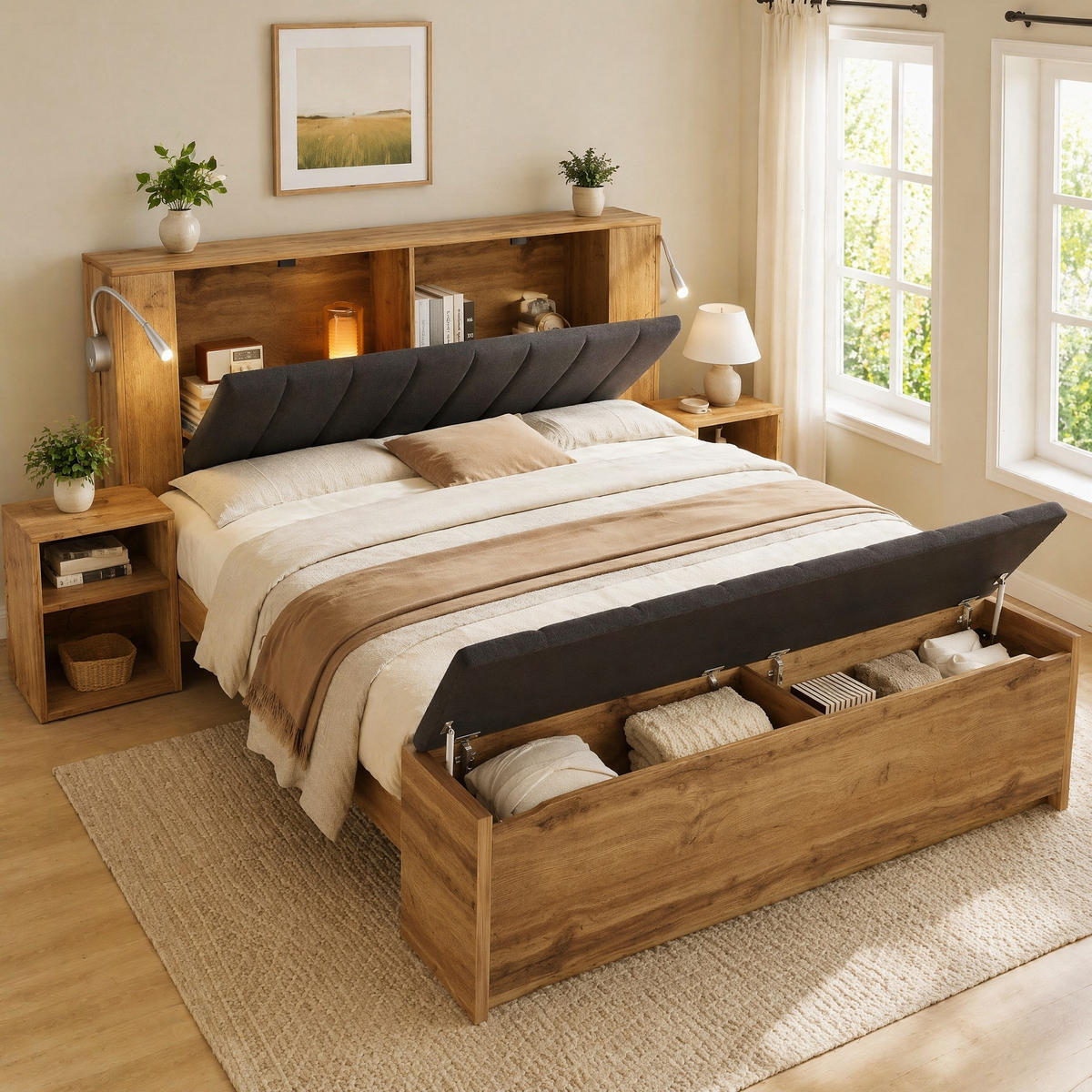 BETT 160/200 mit klappbarem Kopfteil, Leselampen und Bettbank in Eiche - Eichefarben/Grau, Holzwerkstoff/Textil (160/200cm) - EVRYAE