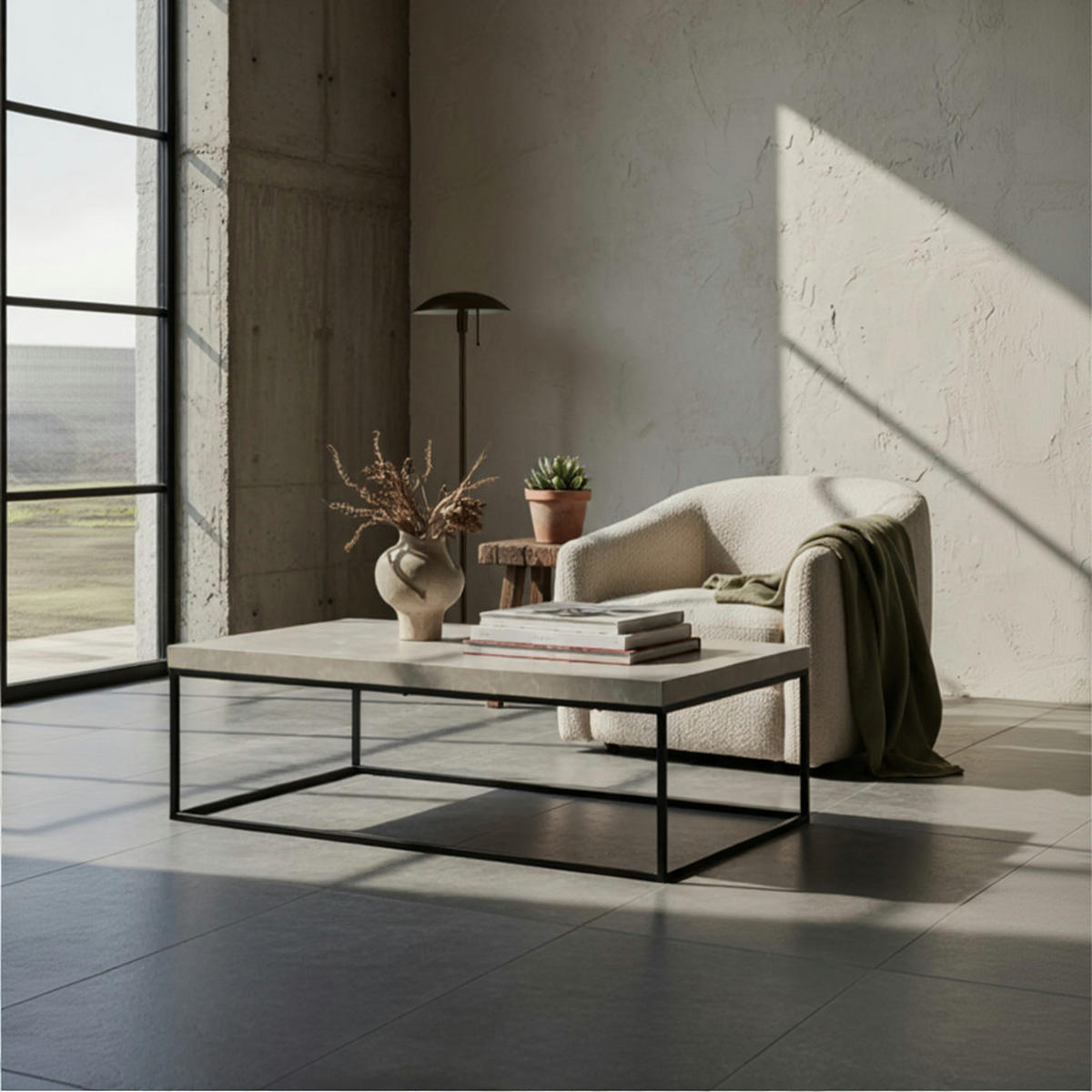 COUCHTISCH in Stein-Optik mit Metallbeinen, Modernes Design, Rechteckig, Groß, Beige 120x60x38 cm - Beige/Schwarz, Holzwerkstoff/Metall (60/120/38cm) - KADIMA DESIGN