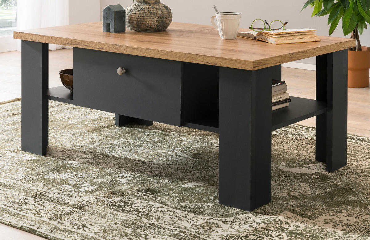 COUCHTISCH grau, Eiche Wotan, Landhaus 110 x 70 cm, Beistelltisch mit Soft-Close - Silberfarben/Eiche Wotan, Holzwerkstoff/Kunststoff (110/70/45cm) - Furn.Design