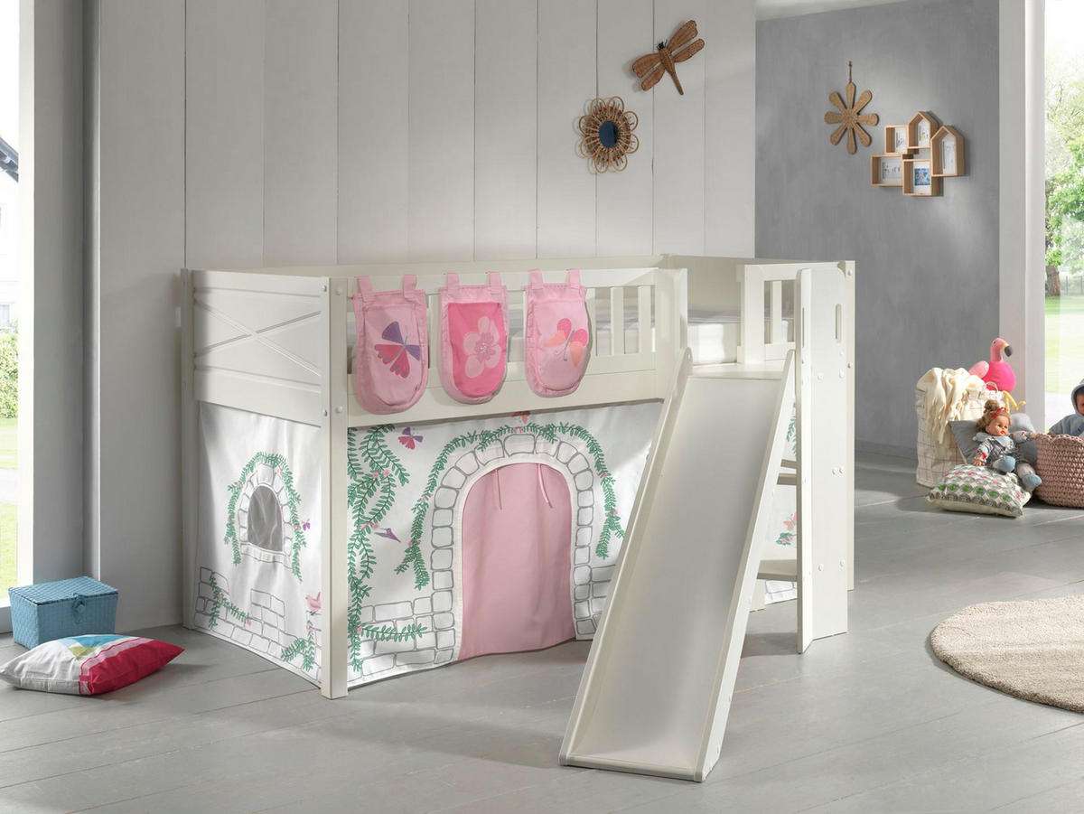 HOCHBETT mit Rutsche Karyl Massivholz Weiß Textilset Birdy 3 - Hellgrau/Weiß, Holz (90/200cm) - 58aufmkessel