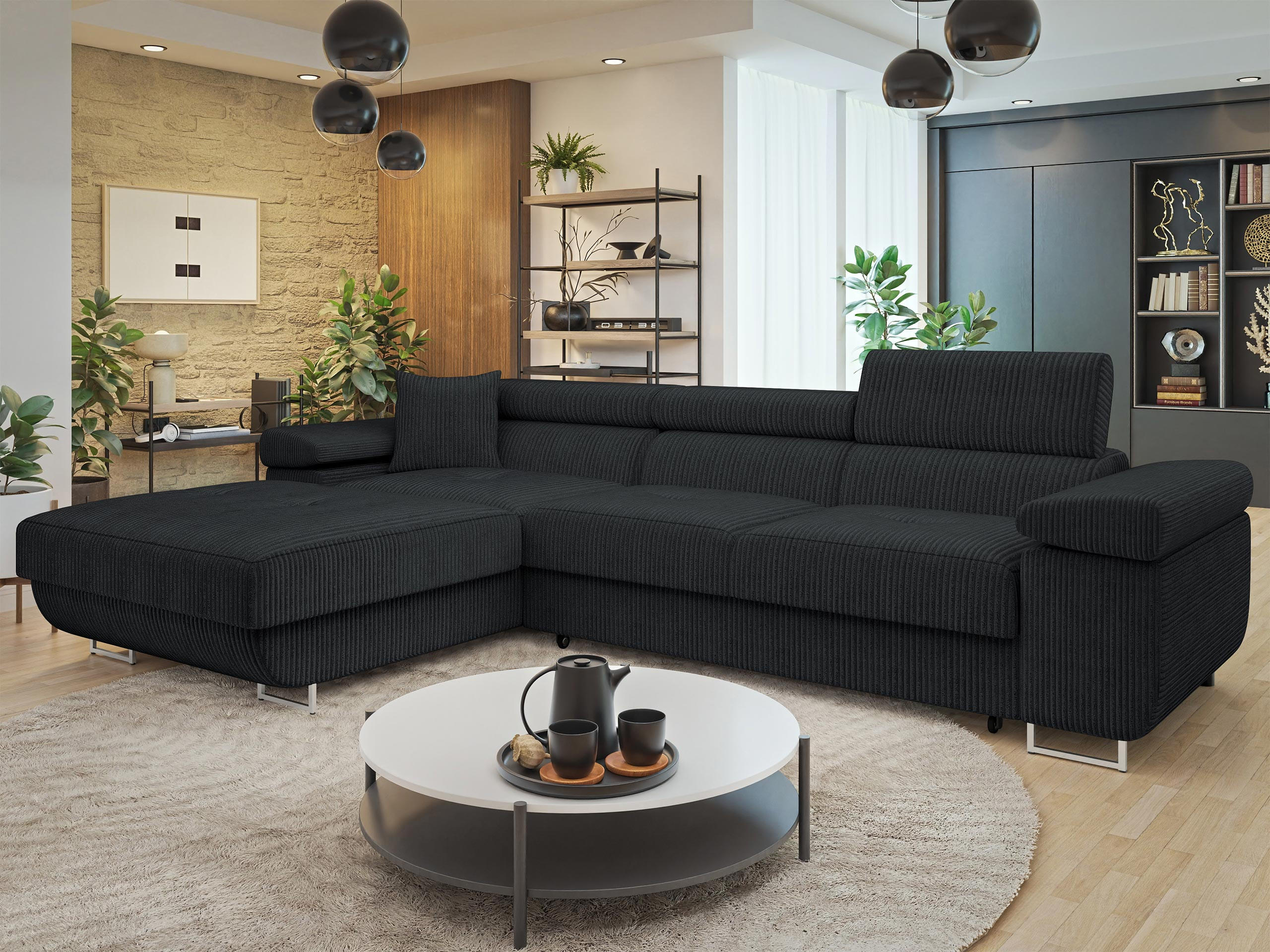 ECKSOFA Torezio Mini Cord, Seite: Links - Schwarz, Holz/Textil (280/170cm) - MIRJAN24