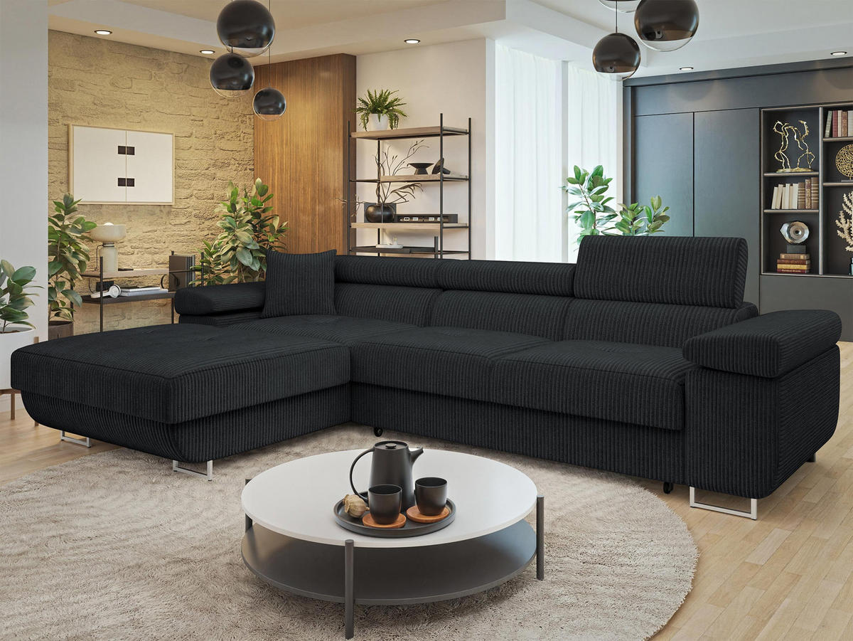 ECKSOFA Torezio Mini Cord, Seite: Links - Schwarz, Holz/Textil (280/170cm) - MIRJAN24