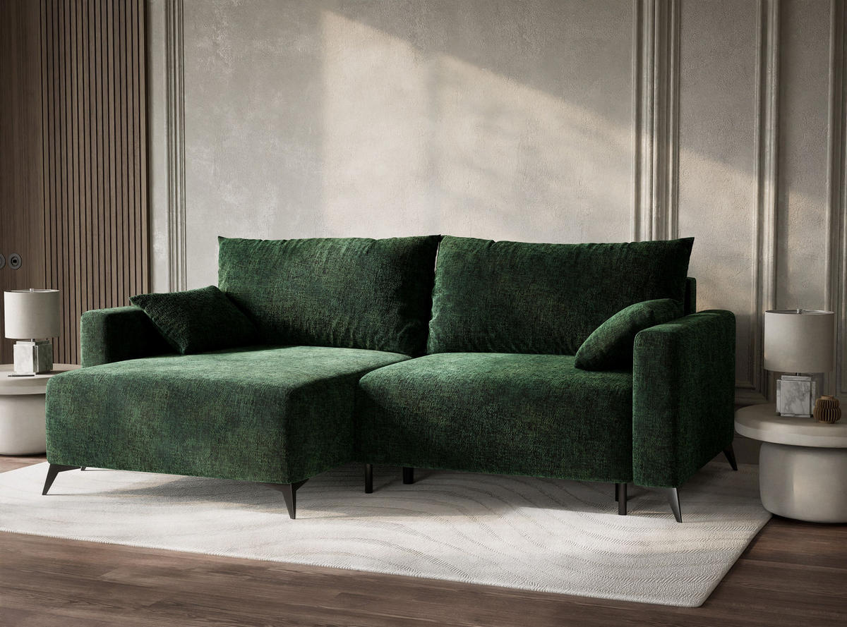 ECKSOFA MIT SCHLAFFUNKTION Leon Dunkelgrün Chenille-Stoff - Dunkelgrün/Schwarz, Holz/Holzwerkstoff (148/239cm) - Maison de Reve