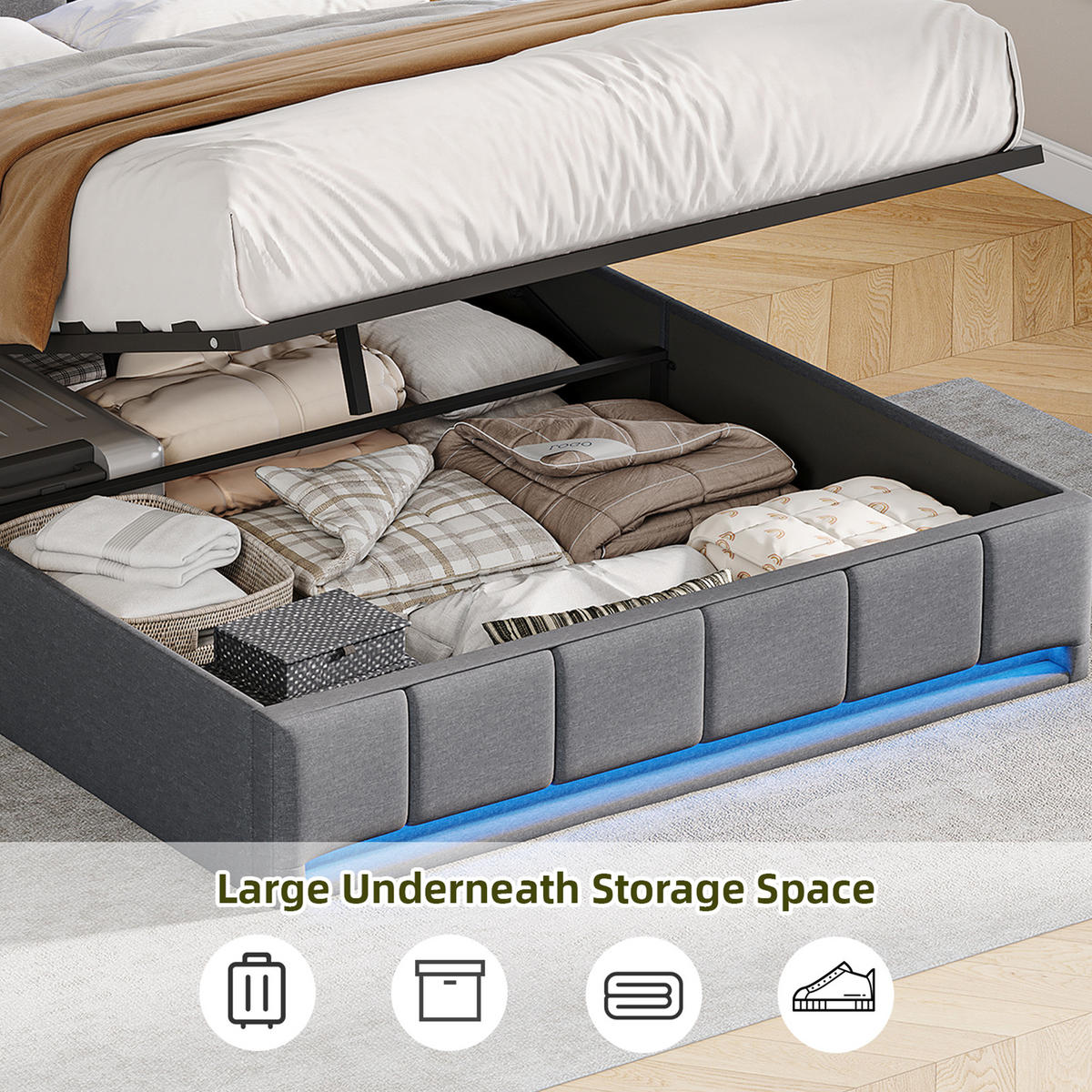 POLSTERBETT 160x200 cm Grau mit LED Beleuchtung, Kopfteil mit Stauraum und USB/Type-C, hydraulisches Stauraumbett - Grau, Metall (160/200cm) - EuroLiving