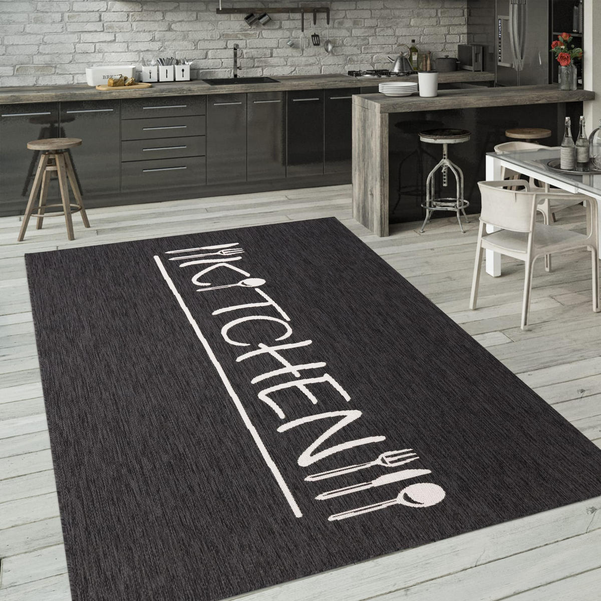 FLACHWEBTEPPICH, mit Schriftzug, aus Polypropylen, Anthrazit, 60 x 100 cm - Anthrazit, Textil (60/100cm) - KADIMA DESIGN