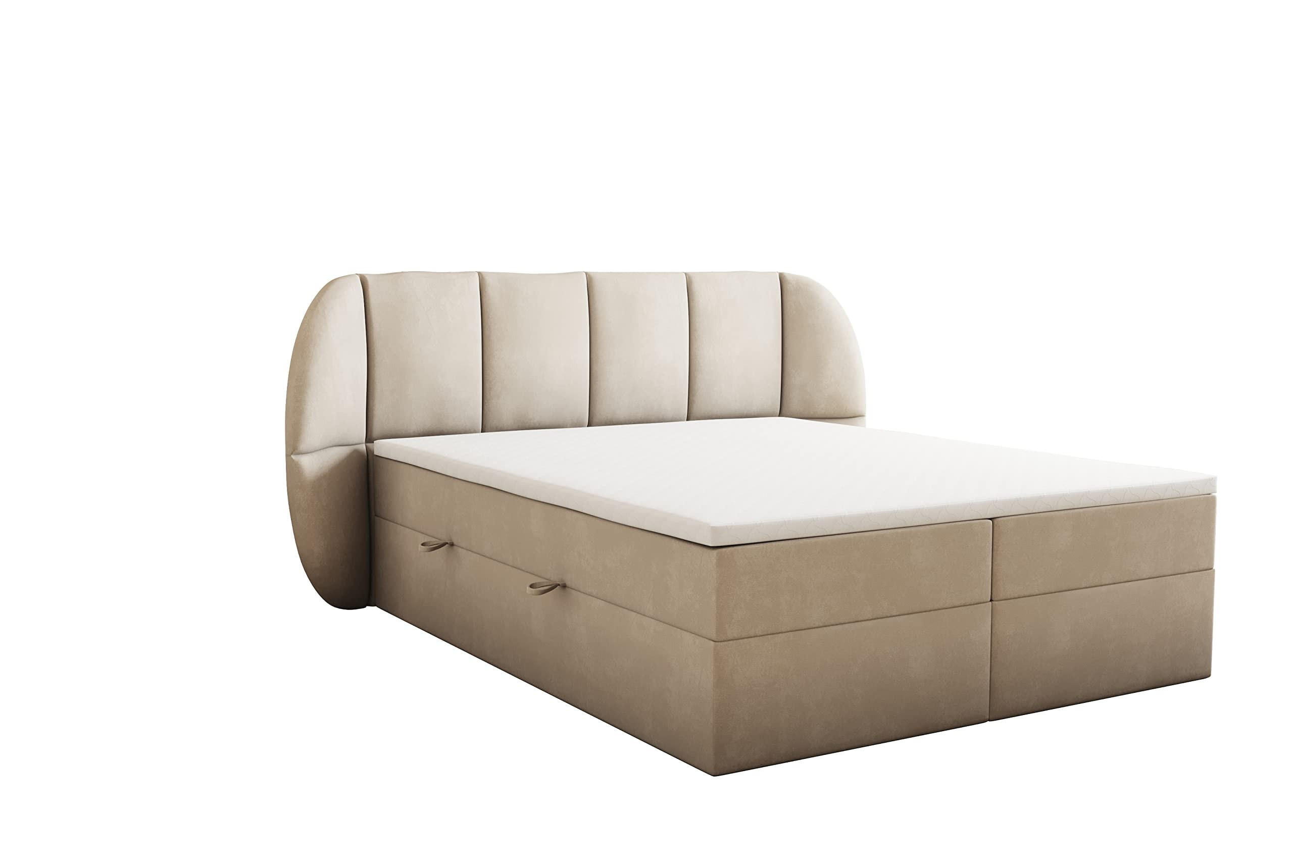 BOXBETT 160x200 cm, BILBAO, Elegant dekoratives Kopfteil, Mit Bettkasten und Taschenmatratze, Beige - Beige, Holzwerkstoff/Kunststoff (160/200cm) - Trada