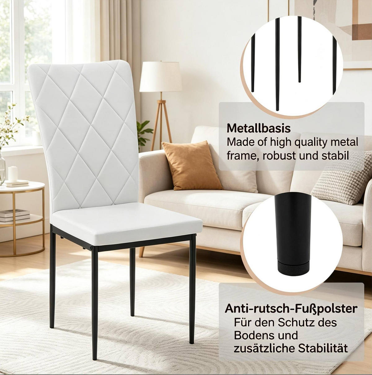 ESSSTUHL 4er-Set mit hoher Rückenlehne Schwarz/Weiß 42 x 94,5 x 59 cm - Schwarz, Metall (42.5/94.5/40.2cm) - Meubliv