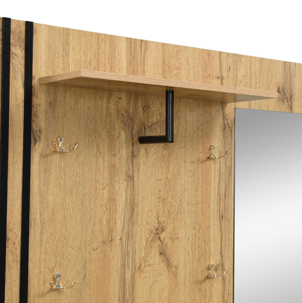 FLURGARDEROBE 115/37/185 cm aus MDF mit Spiegel und gepolsterter Sitzfläche Naturfarben mit Schwarz - Naturfarben, Holzwerkstoff (37/185/115cm) - Modenvie