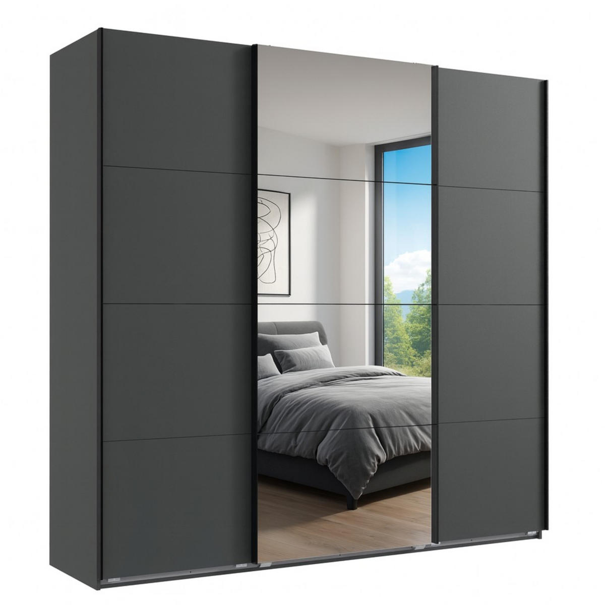 SCHWEBETÜRENSCHRANK 3-türig extrahoch in Grafit, eine Tür mit Spiegel, B225/H236/T64 cm / 22540 - Schwarz/Graphitfarben, Holzwerkstoff/Metall (225/236/64cm) - luma-home