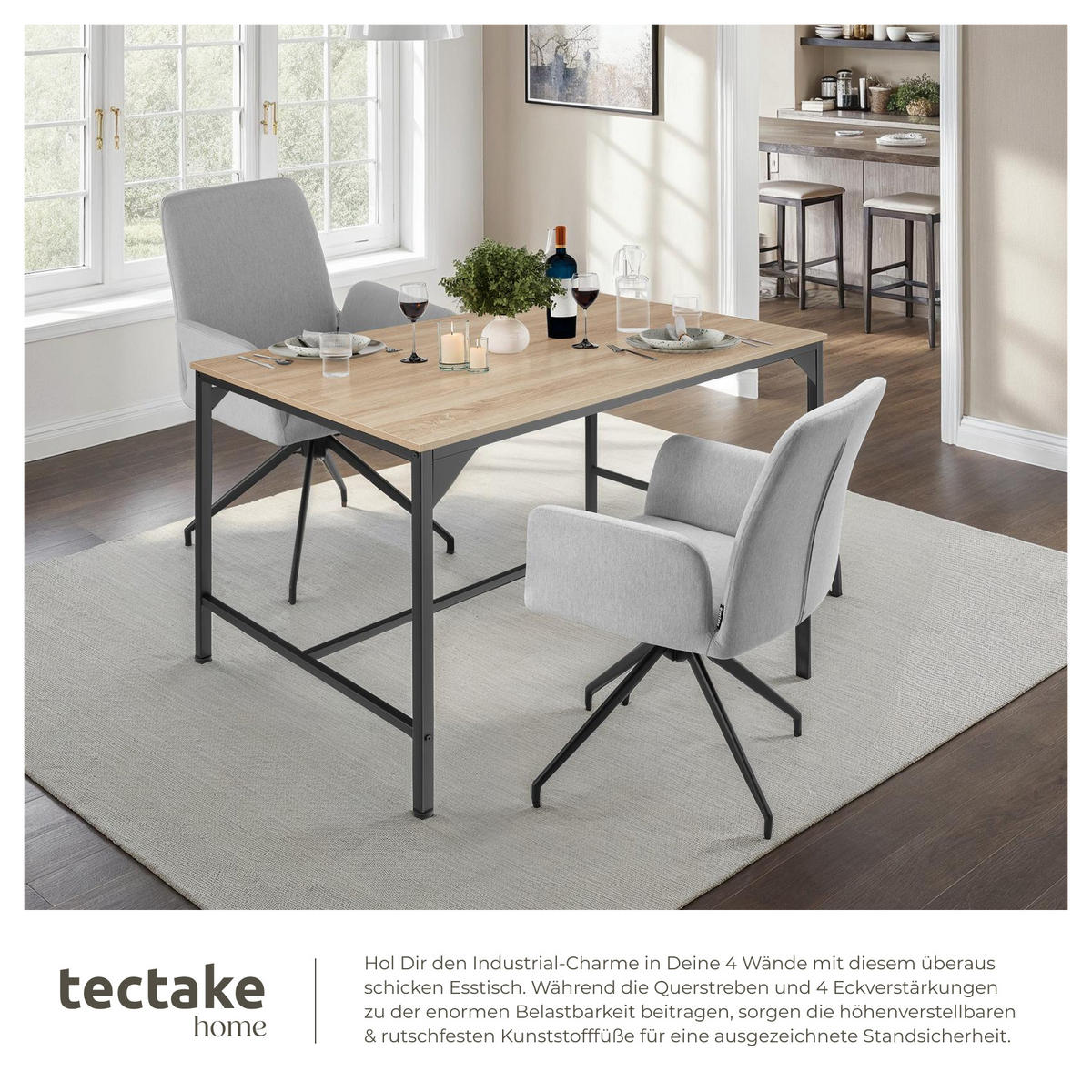ESSTISCH Belfast,120 x 75 x 75 cm,Industrial Holz hell, Eiche Sonoma - Naturfarben, Holz (120/75/75cm) - tectake
