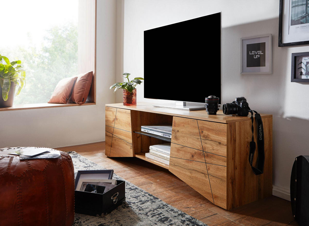 LOWBOARD Eiche-Dekor Modern Stil für 70-Zoll Fernseher mit Glasablage - Braun, Holz (160/50/40cm) - KADIMA DESIGN
