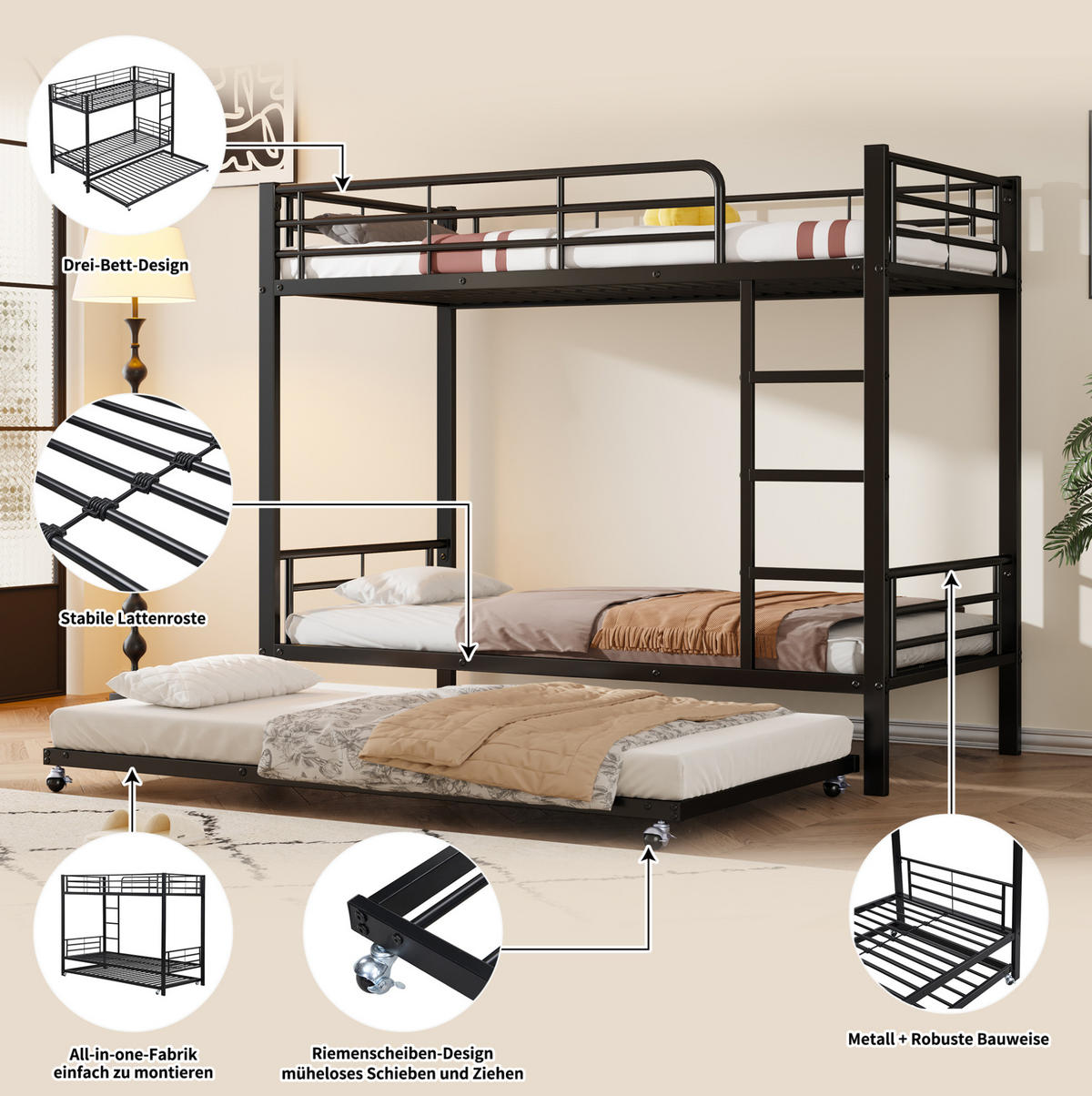 ETAGENBETT 90/200 cm aus Metall mit Ausziehbett Schwarz - Schwarz, Metall (90/190cm) - Modenvie