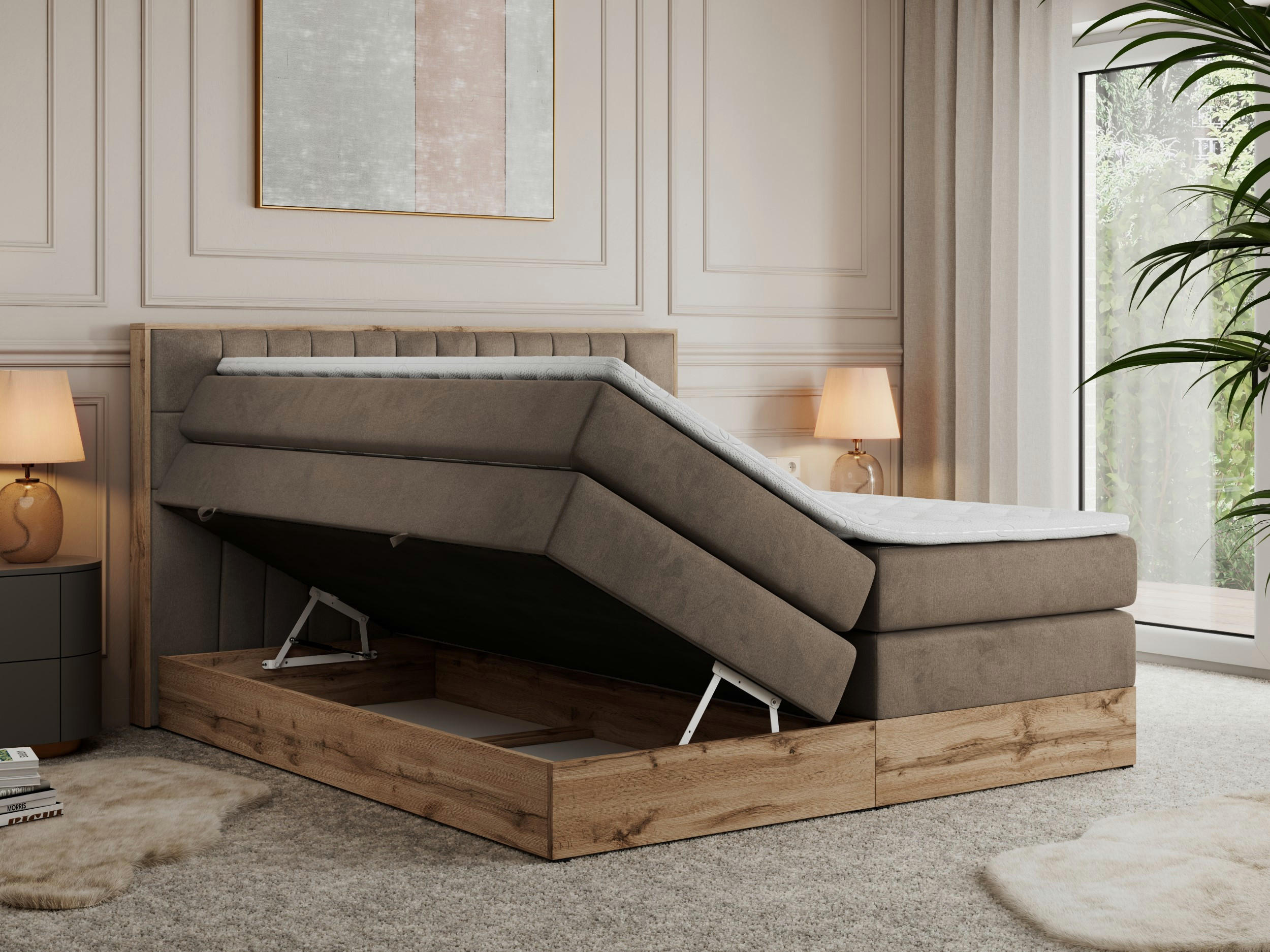 Thumbnail - MKS Boxspringbett, Braun, Textil, 2-Sitzer, H4, Rechteckig, 180x200 cm, Schlafzimmer, Betten, Boxspringbetten