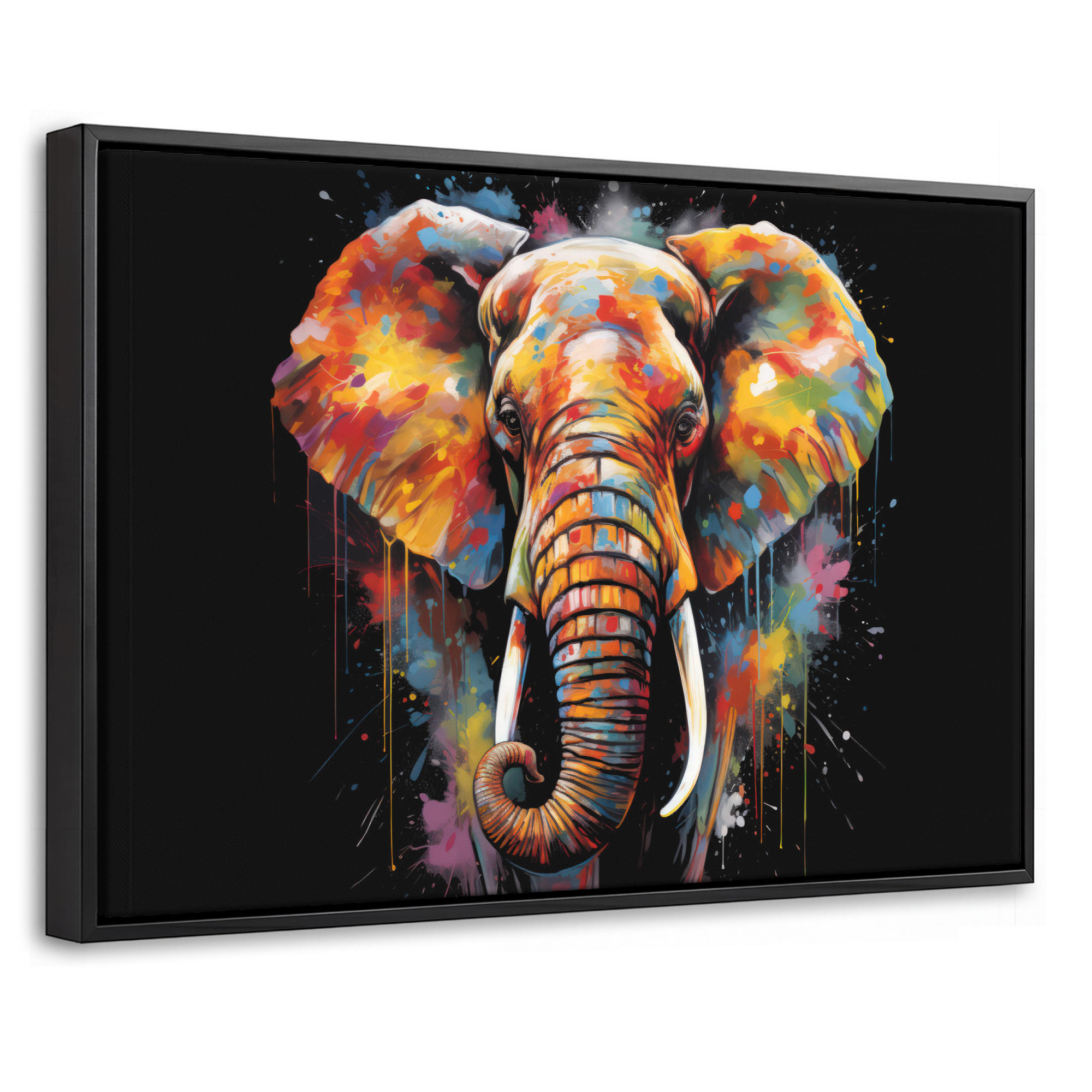 LEINWAND Bilder mit Rahmen - Elefant - Graffiti - Schwarz - Tiere - Farben - 30x20 - Schwarz, Textil (30/20cm) - MuchoWow