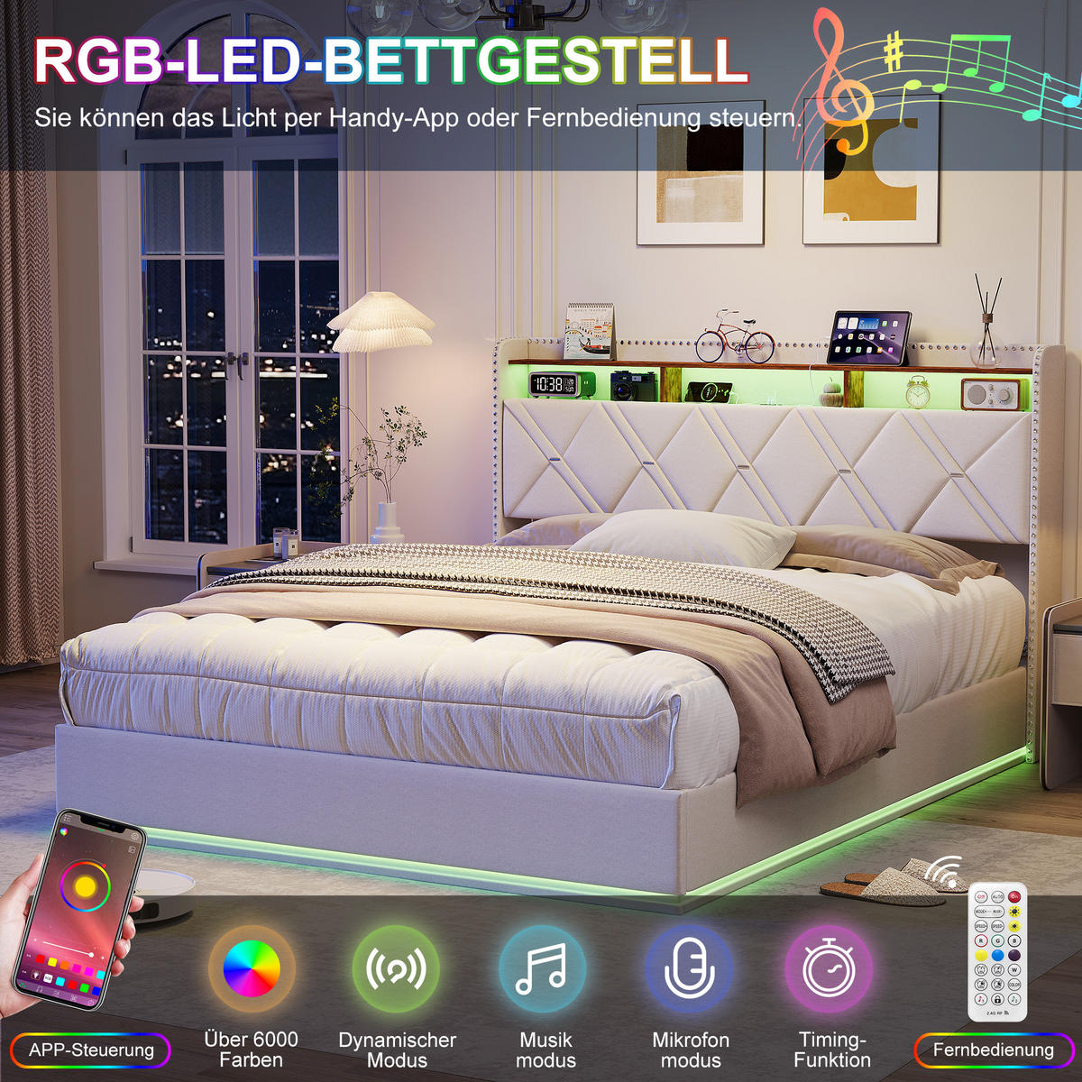 POLSTERBETT 160/200 cm Beige mit hydraulischem Stauraum, LED mit Ablage und USB - Beige, Metall (160/200cm) - EuroLiving