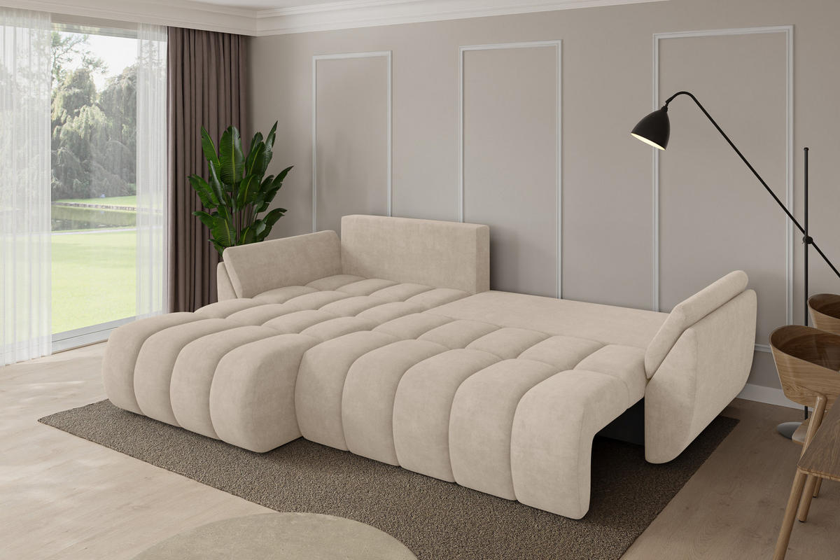 ROHOVÁ SEDAČKA s funkcí spaní, otoman vlevo TOKO-L-v1 277x194x86 béžová velur - černá/Sahara, kompozitní dřevo/textil (277/194cm) - ALTDECOR