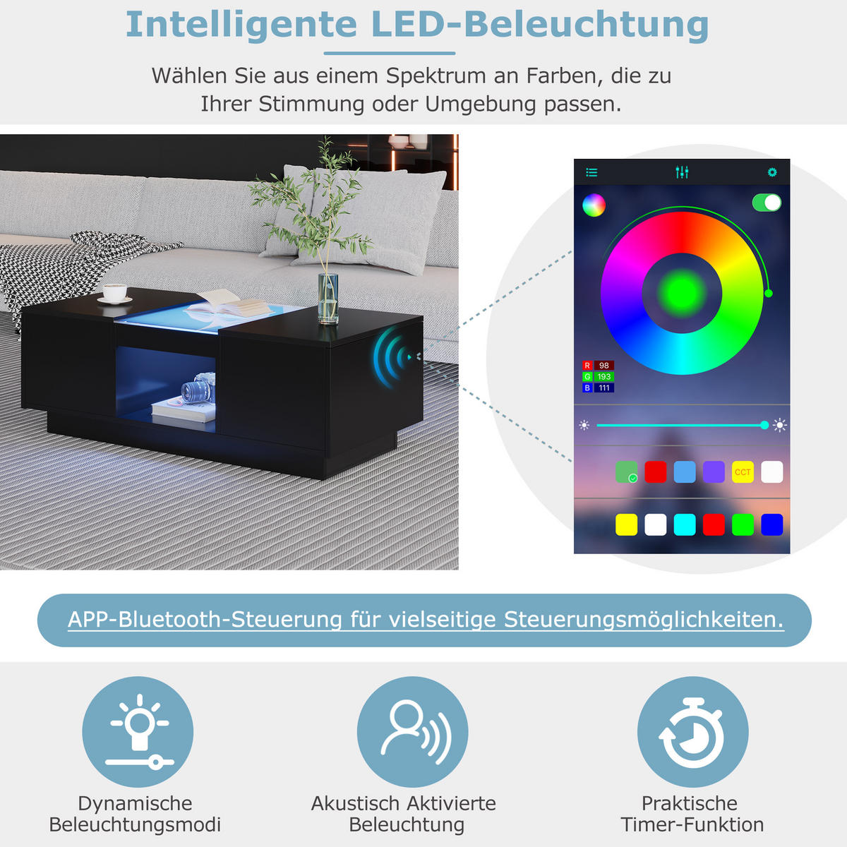COUCHTISCH in Schwarz Couchtisch mit LED-Beleuchtung, App-Steuerung, 2 Schubladen für Wohnzimmer, B100/T50/H35.5cm - Schwarz, Holzwerkstoff (50/100/35.5cm) - STILVORA
