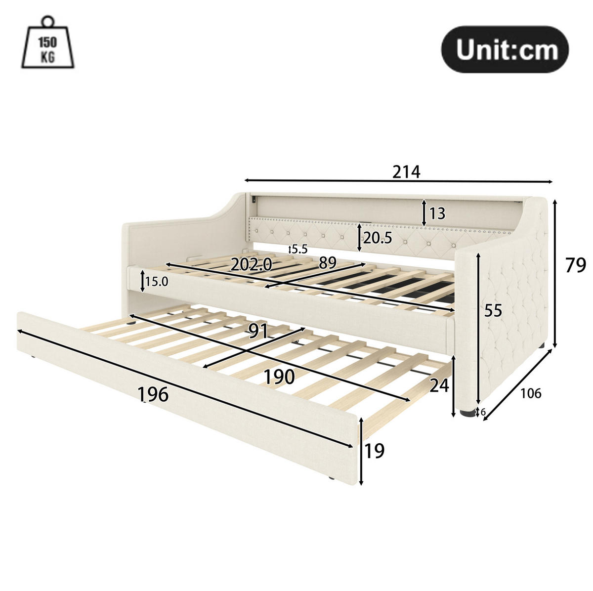 POLSTERBETT 90/200 cm mit Ausziehbett, LED-Beleuchtung und USB-Anschluss, Beige - Beige, Textil (90/200cm) - Redom