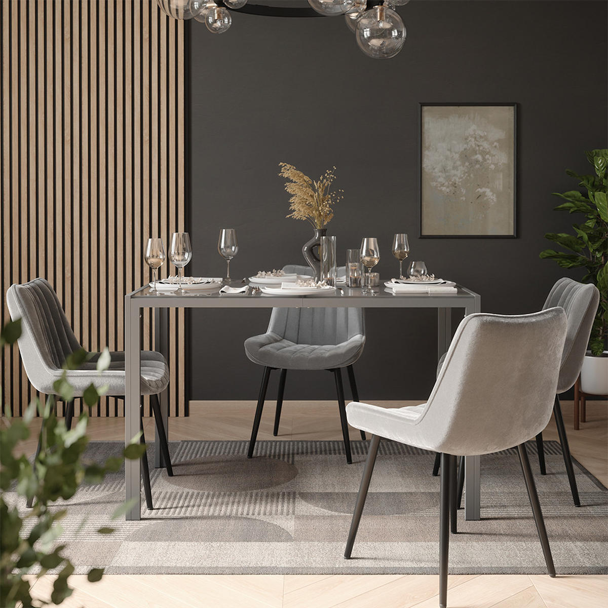 JÍDELNÍ STŮL SESTAVA Grand, Šedá, 120 x 70 cm se 4 židlemi (šedé) - šedá, sklo (120/74.5/70cm) - Vicco