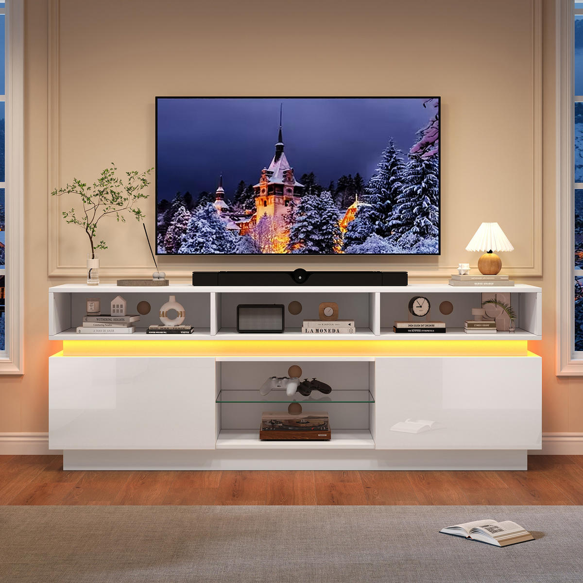 TV-LOWBOARD 160x35x60 cm Weiß LED Hochglanz Glas MDF - Weiß, Holzwerkstoff (35/60/160cm) - FLIEKS