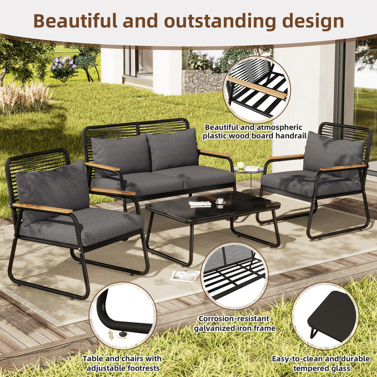 GARTEN Lounge Set für 4 Personen mit Eisenrahmen Glastisch verstellbaren Beinen Sitz und Rückenkissen Schwarz - Grau, Metall