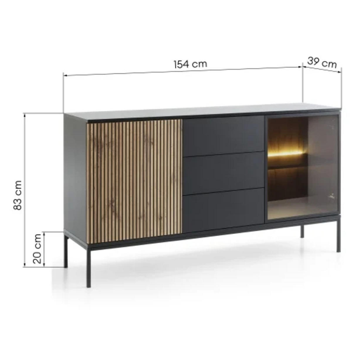 KOMMODE - Sentino SSZ154 LED - Schwarz, Holzwerkstoff/Metall (154/83/39cm) - Möblo