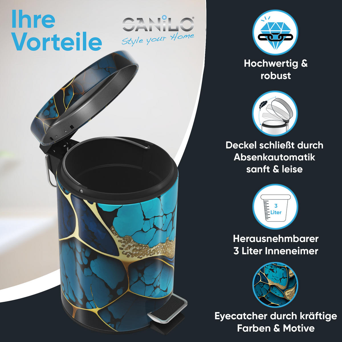 KOSMETIKEIMER Marmor Cobalt - Blau/Goldfarben, Kunststoff/Metall (17/25/25cm) - Sanilo