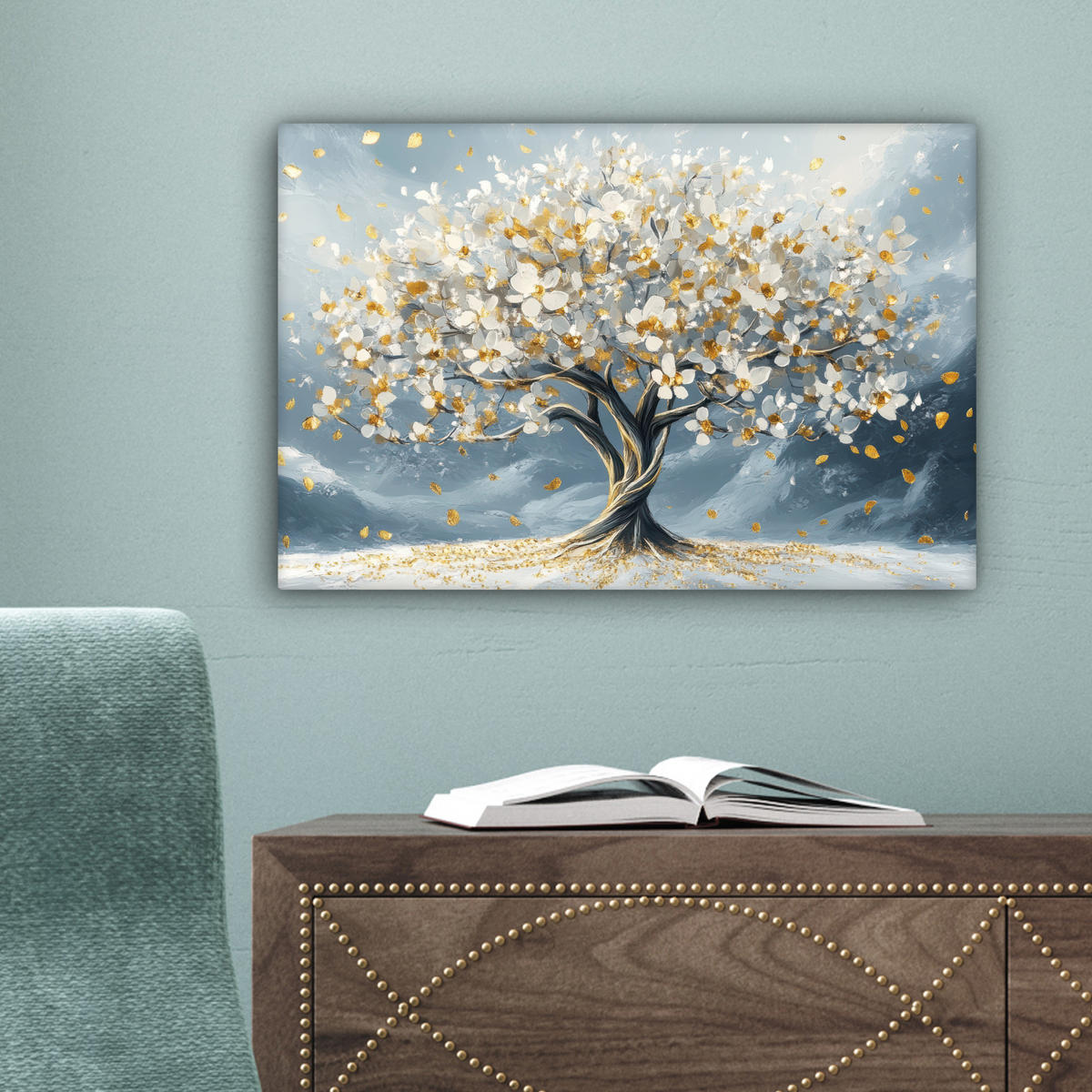 LEINWANDBILD Baum - Winter - Baum des Lebens - Modern - Gold Deko Schlafzimmer 30x20 cm - Goldfarben, Textil (30/20cm) - MuchoWow