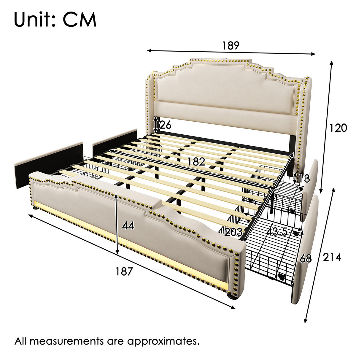 POLSTERBETT 180/200 cm mit 4 Schubladen, LED-Beleuchtung, USB-C-Anschluss und Lattenrost, Beige - Beige, Textil (180/200cm) - Redom
