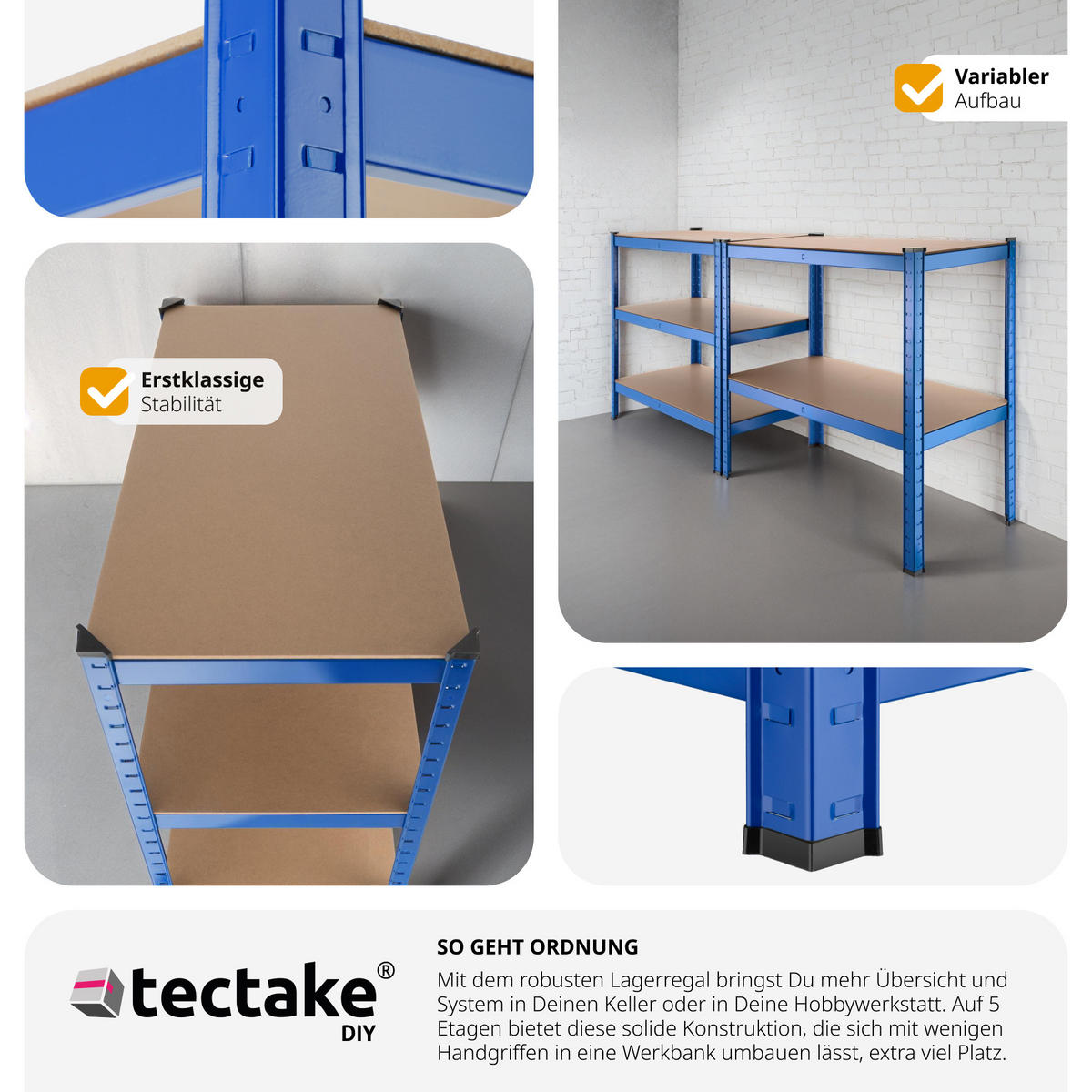 SCHWERLASTREGAL , 90,5 x 45,5 x 180,5 cm, blau - Blau, Metall (45.5/180.5/90.5cm) - tectake