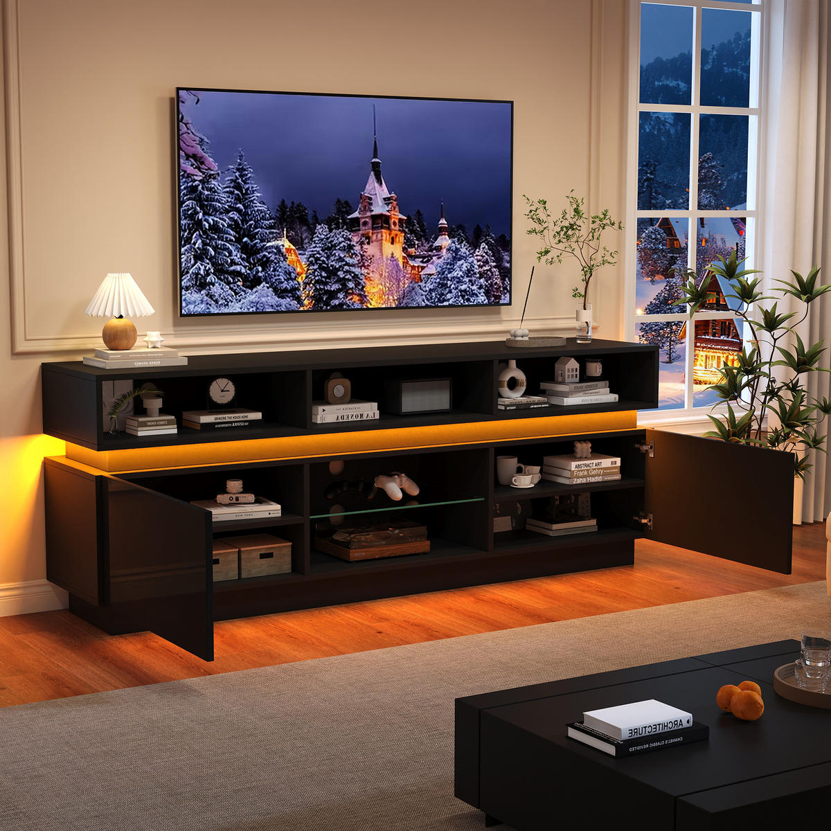 LOWBOARD TV Schrank mit Gehärtetem Glas Hochglanz Fronten und LED Stauraum für Wohnzimmer Schwarz 160 x 35 x 60 cm - Schwarz, Glas/Holzwerkstoff (160/60/35cm) - EVRYAE