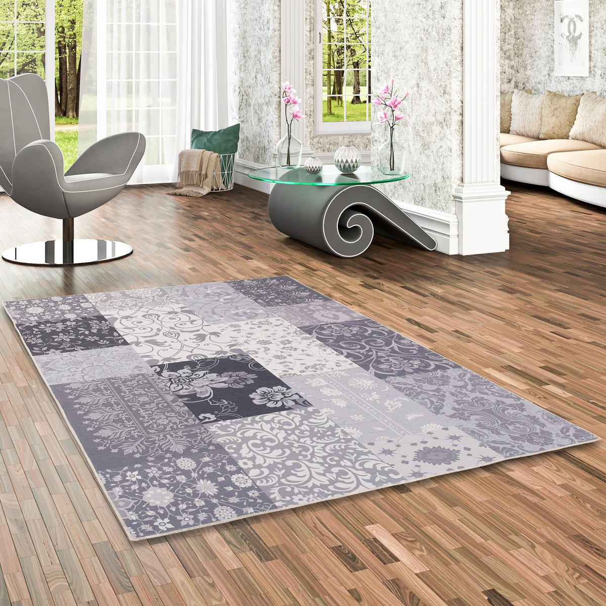 LUXUS VINTAGE DESIGNERTEPPICH PATCHWORK - Anthrazit, Textil (200/290cm) - Pergamon