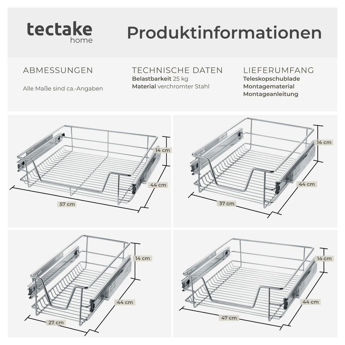 TELESKOPSCHUBLADE ,einfache Montage,grau - Grau, Metall (37/14/44cm) - tectake