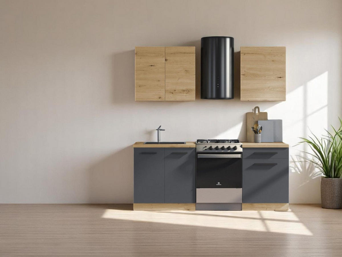 KÜCHENZEILE 140 cm - Nexa K13-G140 - in Grau / Matt - Schwarz/Eiche Artisan, Holz/Metall (140/212/58cm) - ROYAL24_MARKT