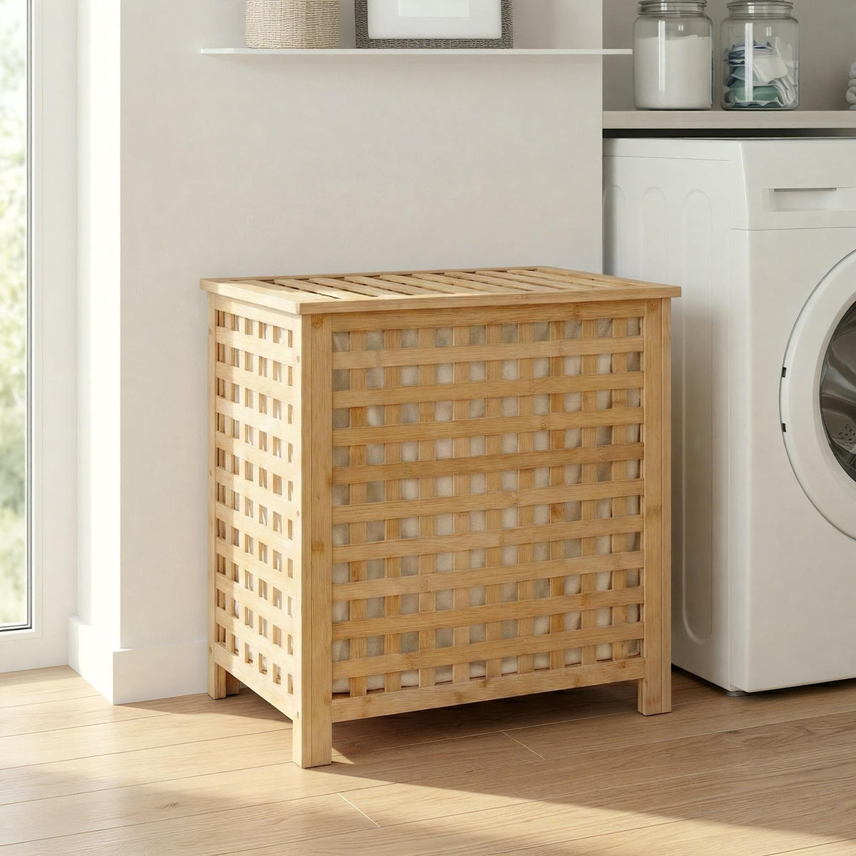 WÄSCHEBOX Kassel 1 großes Fach 70 Liter 52x39x55cm Holz Natura Wäschesammler - Naturfarben, Holz (52/55/39cm) - DELUKE