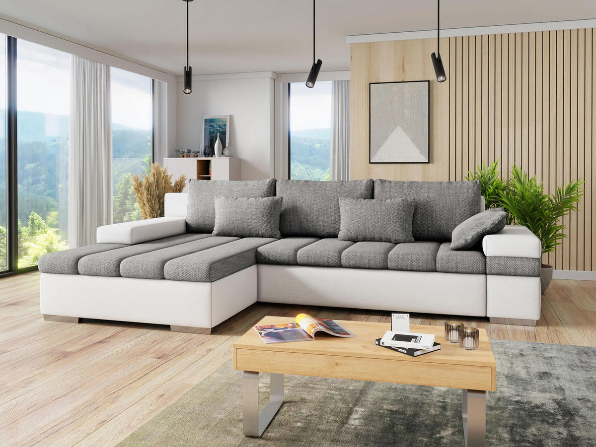ECKSOFA Bangkok, Seite: Links - Silberfarben/Weiß, Holz/Textil (310/175cm) - MIRJAN24